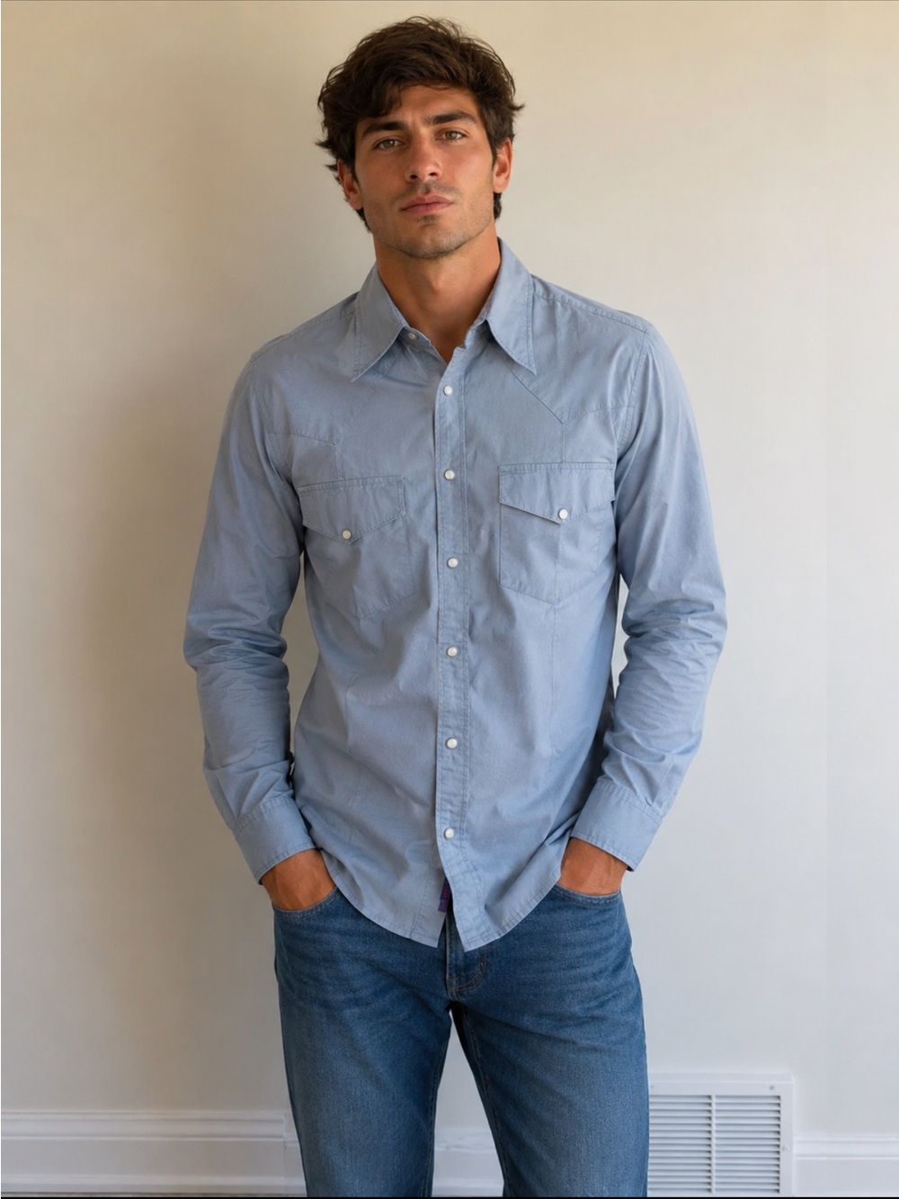 Replay Light Blue Men's Western-Style Buckle Up Shirt